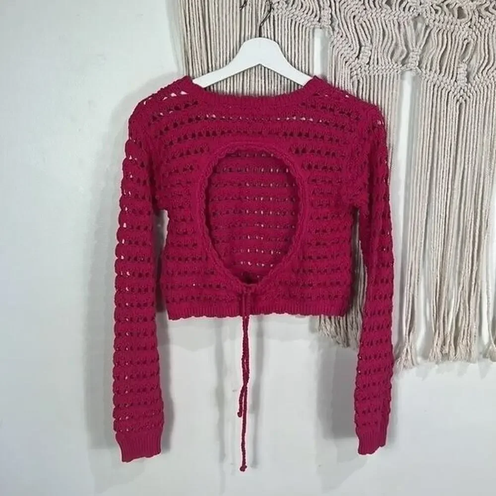 Womens Free People Knit Crop Top Long Sleeve Sheer Magenta Size Small open back